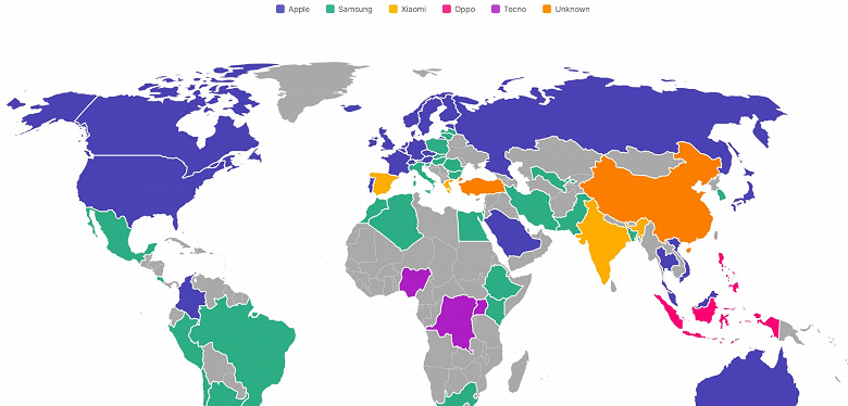 Россияне и американцы выбирают iPhone, а Samsung лидирует в Африке и Южной Америке. Появилась карта самых популярных брендов