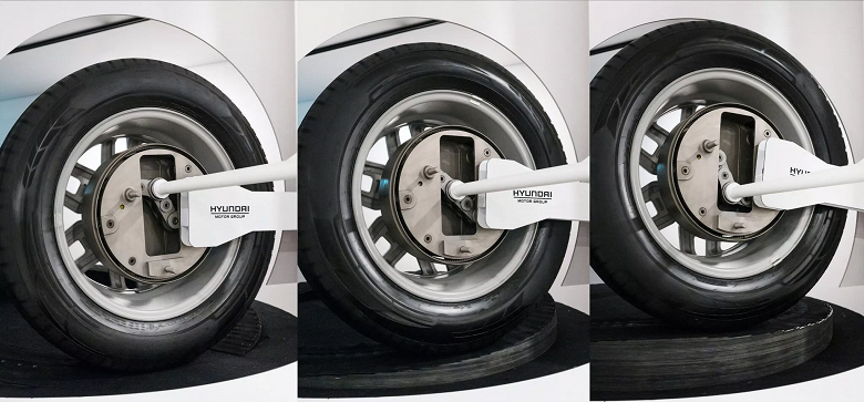 Представлена система Hyundai Uni Wheel. Она перемещает в колесо часть деталей электродвигателя, уменьшая их размеры