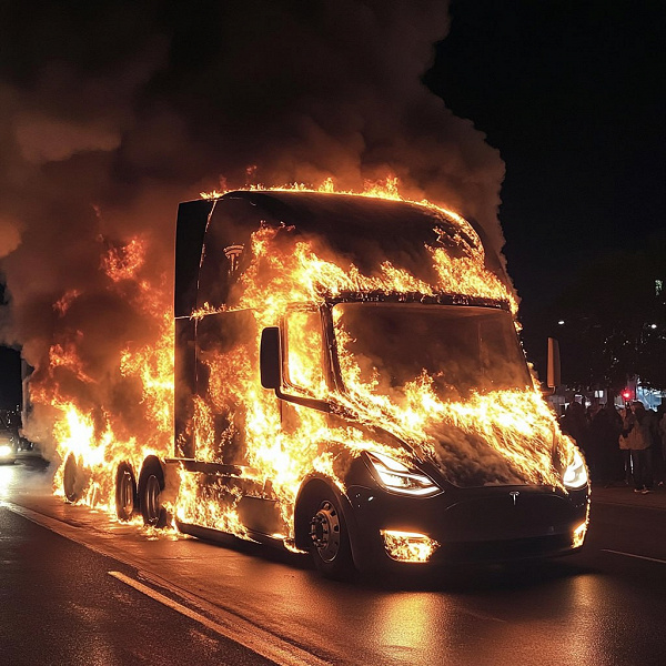 Потушить такой пожар очень сложно. Первый Tesla Semi загорелся в США