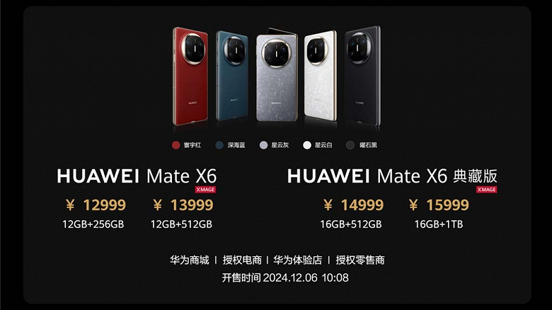 Представлен складной смартфон Huawei Mate X6 с увеличенными экранами, улучшенной камерой, прочным базальтовым корпусом и спутниковой связью